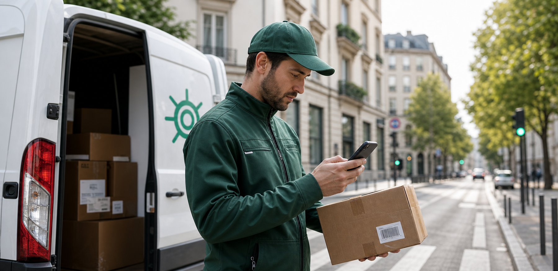 Delivery driver preparing a route on the street