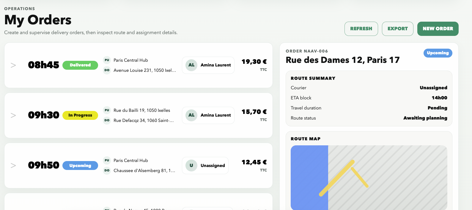 Naaval ops dashboard with orders and route details